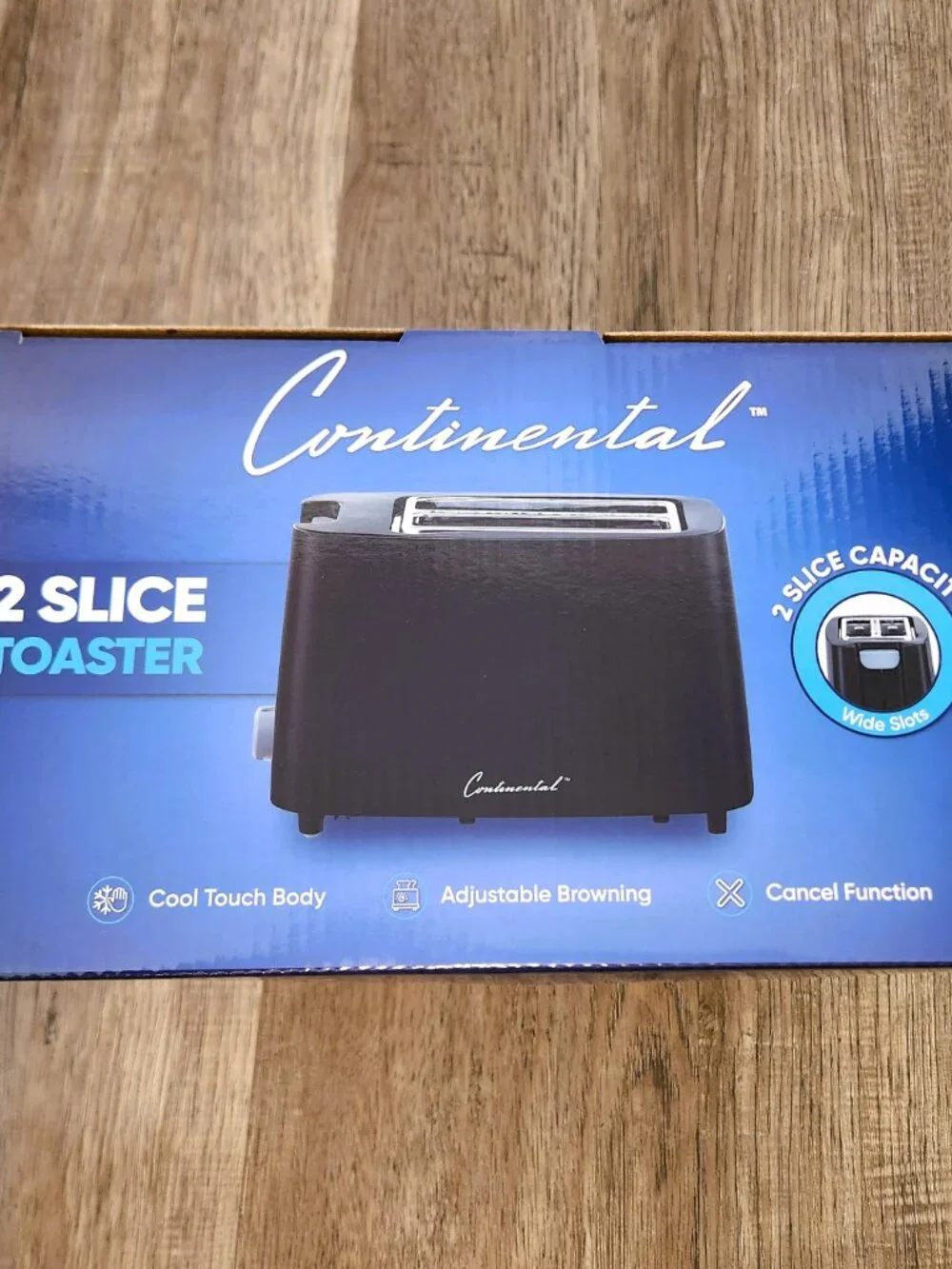 Continental 2 Slice Toaster Black Wide Slots Adjustable Browning NEW IN BOX